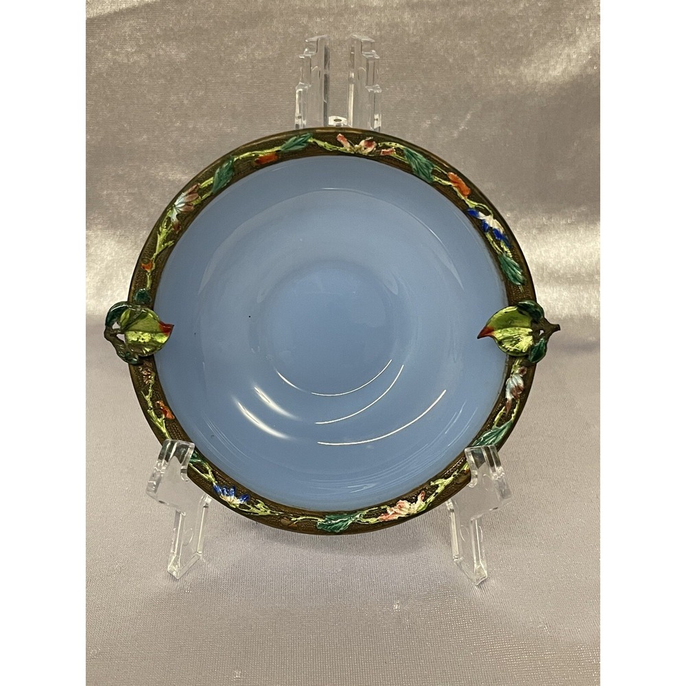 Vintage Small Blue Glass Bowl / Ashtray with Cooper Ring Painted Enameled Leaves